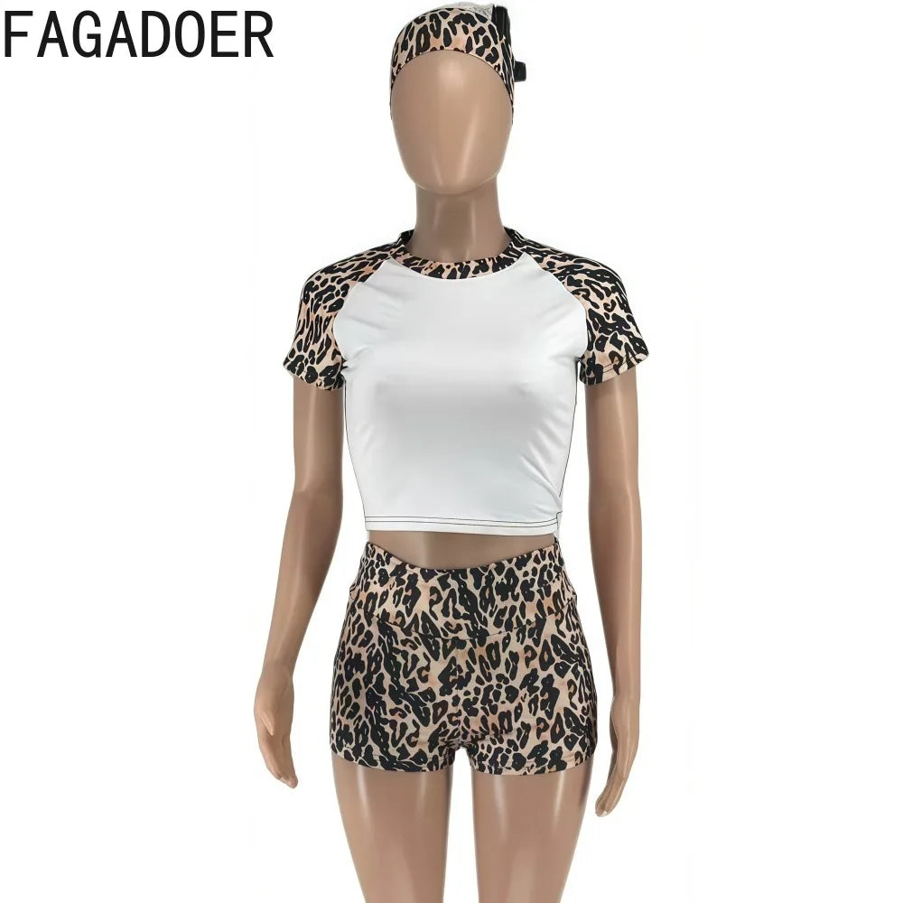 Spring Summer New Fashion Leopard Print 3 Piece Sets Woman Outfit Short Sleeve Patchwork Top and Shorts Set Tracksuit