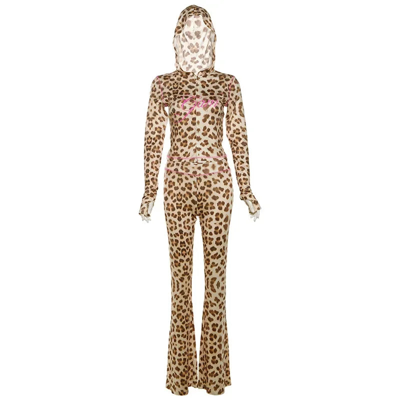 Sexy Leopard Print 2 Piece Sets Women Outfit Long Sleeve Zipper Hooded Crop Jacket + Flare Pants Suits Female Clothing