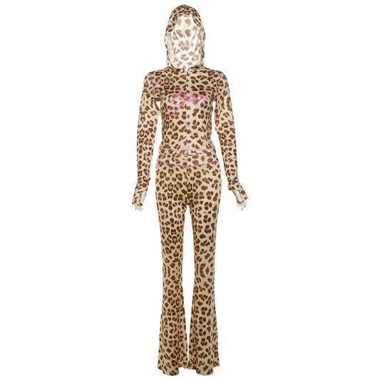 Sexy Leopard Print 2 Piece Sets Women Outfit Long Sleeve Zipper Hooded Crop Jacket + Flare Pants Suits Female Clothing