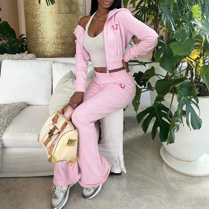 Autumn Hooded Zipper Jackets 2 Piece Pant Set Outfits Women Coats Hoodie Sportwear Sexy Elegant Pink Two Piece Sets