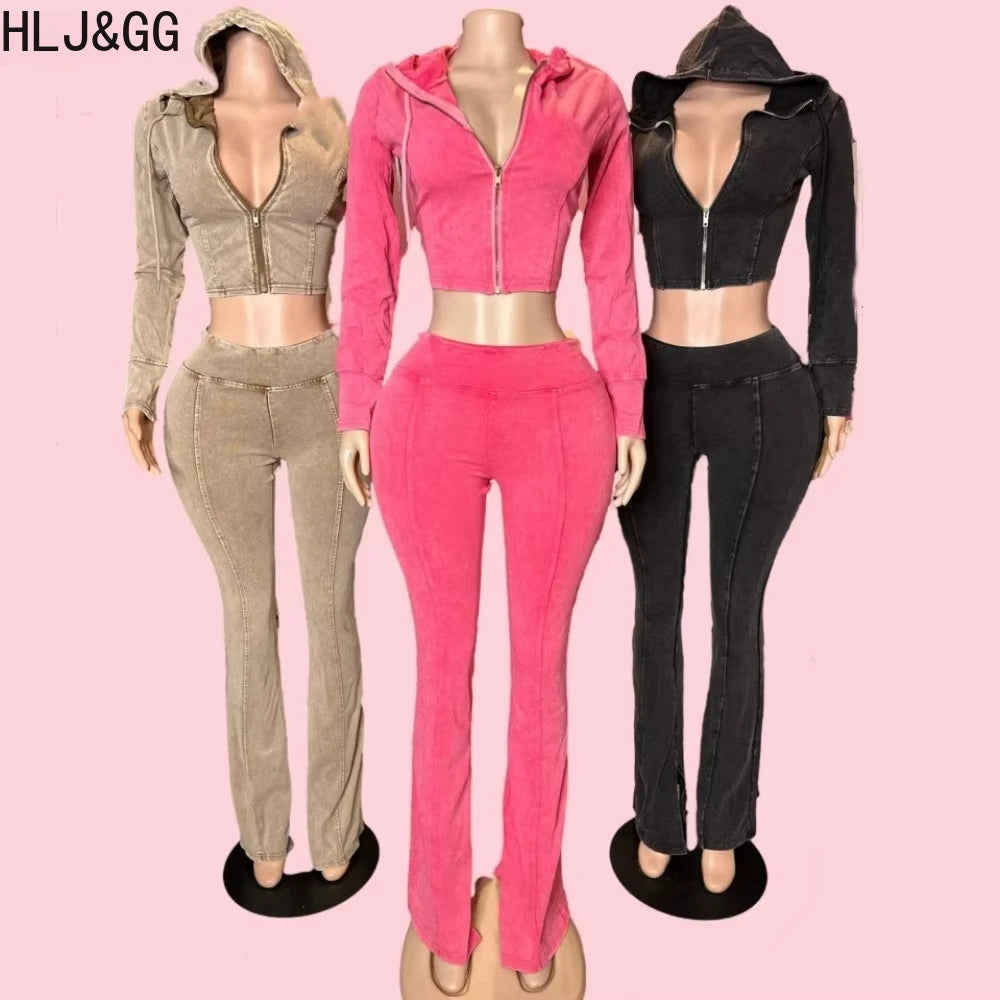 HLJ&GG Spring New Solid Hooded Two Piece Sets Women Zip Long Sleeve Slim Crop Top and Skinny Pants Outfits Casual 2Pcs Clothing