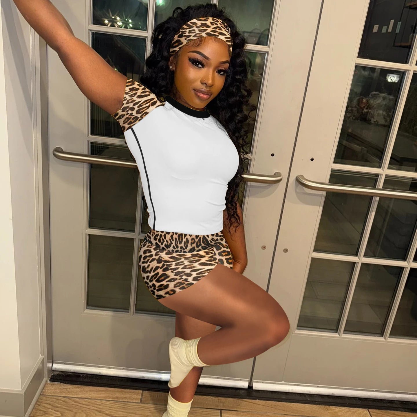 Spring Summer New Fashion Leopard Print 3 Piece Sets Woman Outfit Short Sleeve Patchwork Top and Shorts Set Tracksuit