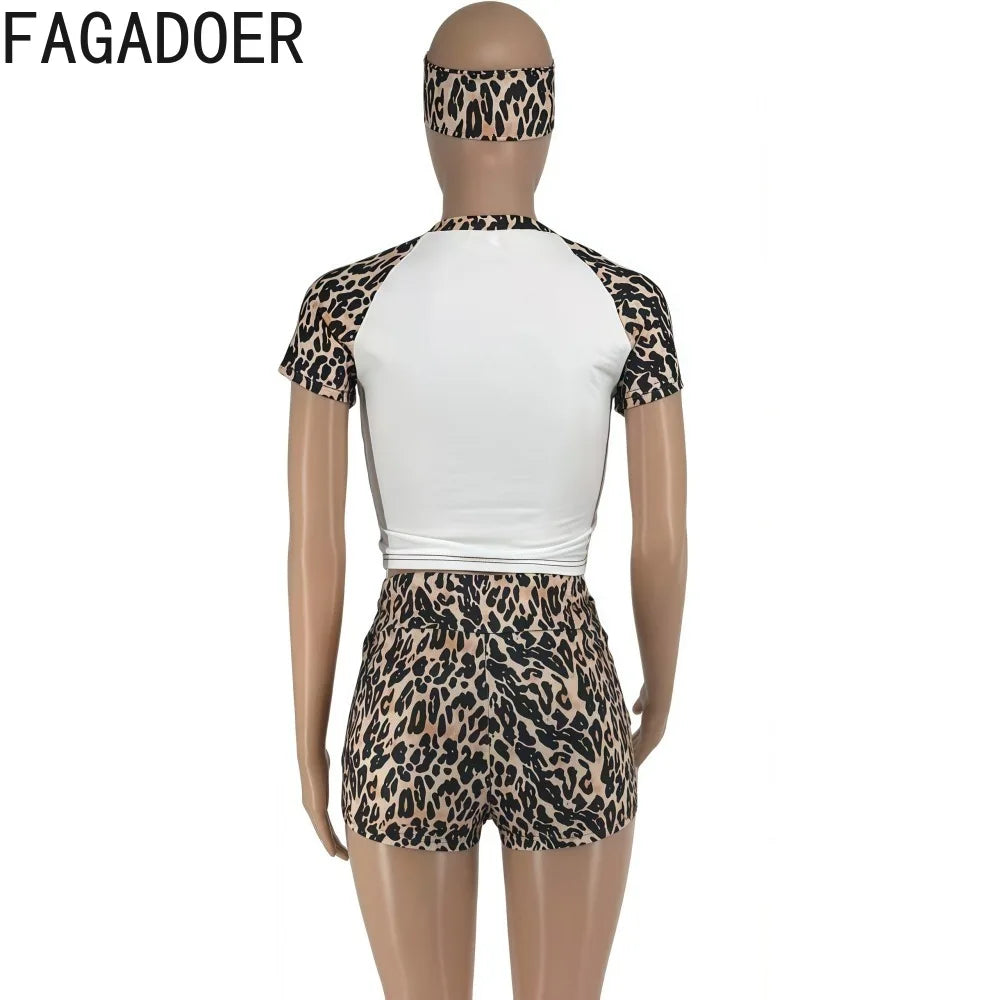 Spring Summer New Fashion Leopard Print 3 Piece Sets Woman Outfit Short Sleeve Patchwork Top and Shorts Set Tracksuit