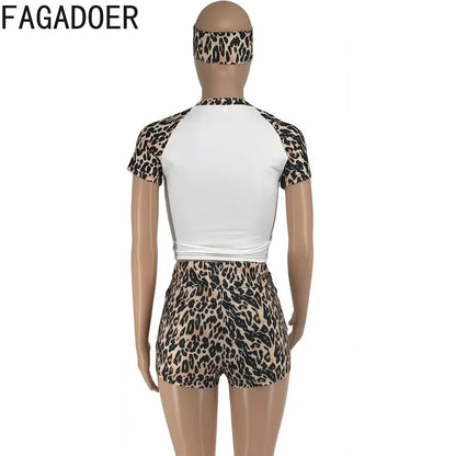 Spring Summer New Fashion Leopard Print 3 Piece Sets Woman Outfit Short Sleeve Patchwork Top and Shorts Set Tracksuit