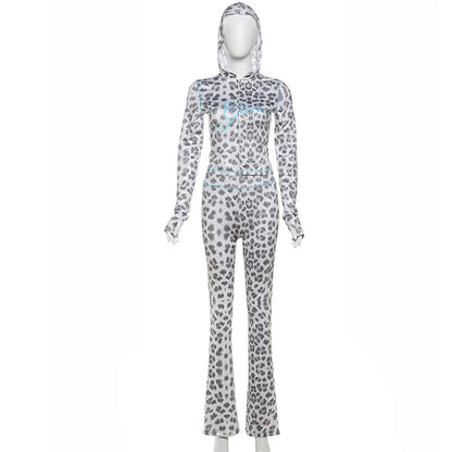 Sexy Leopard Print 2 Piece Sets Women Outfit Long Sleeve Zipper Hooded Crop Jacket + Flare Pants Suits Female Clothing