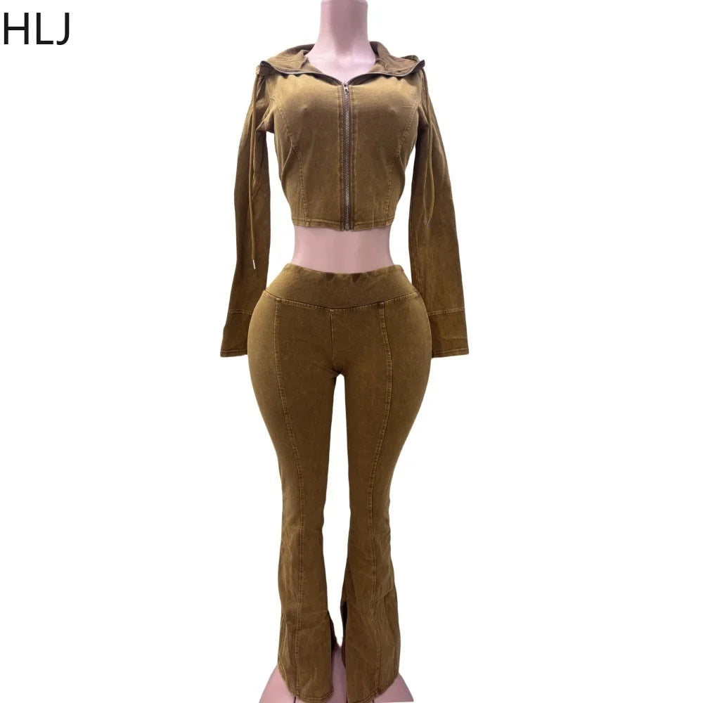 HLJ&GG Spring New Solid Hooded Two Piece Sets Women Zip Long Sleeve Slim Crop Top and Skinny Pants Outfits Casual 2Pcs Clothing