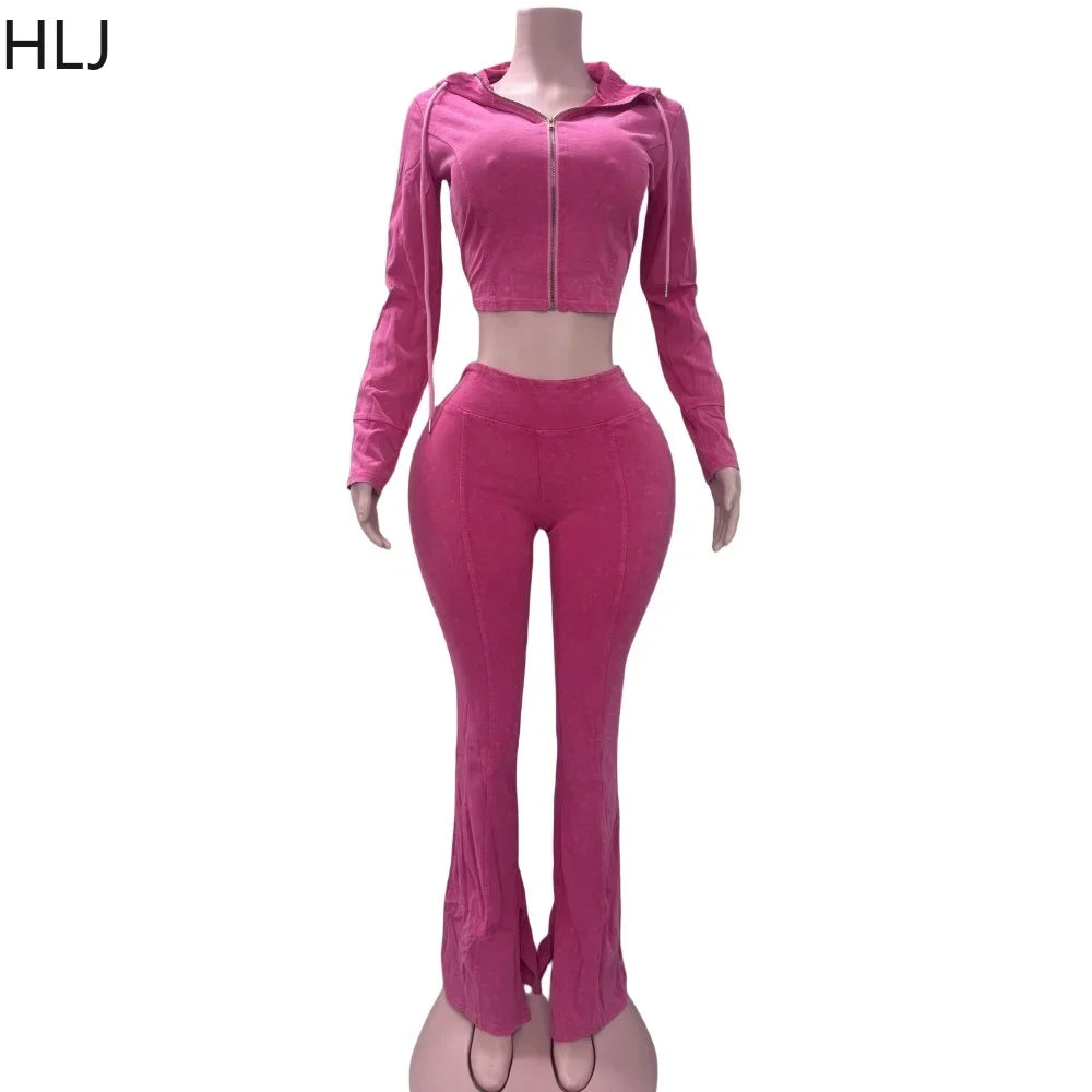 HLJ&GG Spring New Solid Hooded Two Piece Sets Women Zip Long Sleeve Slim Crop Top and Skinny Pants Outfits Casual 2Pcs Clothing