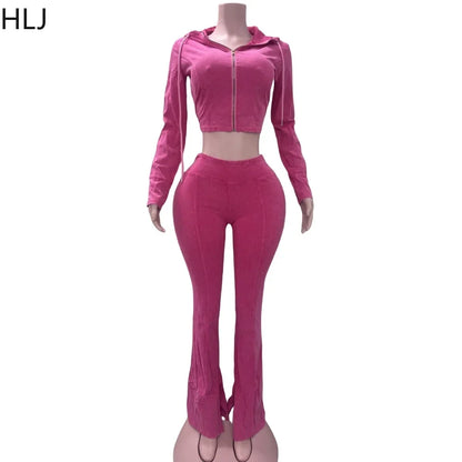 HLJ&GG Spring New Solid Hooded Two Piece Sets Women Zip Long Sleeve Slim Crop Top and Skinny Pants Outfits Casual 2Pcs Clothing