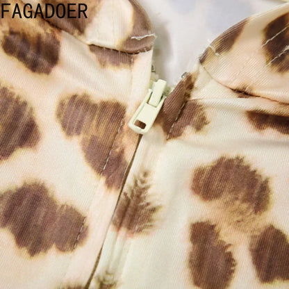 Sexy Leopard Print 2 Piece Sets Women Outfit Long Sleeve Zipper Hooded Crop Jacket + Flare Pants Suits Female Clothing