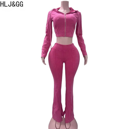 HLJ&GG Spring New Solid Hooded Two Piece Sets Women Zip Long Sleeve Slim Crop Top and Skinny Pants Outfits Casual 2Pcs Clothing