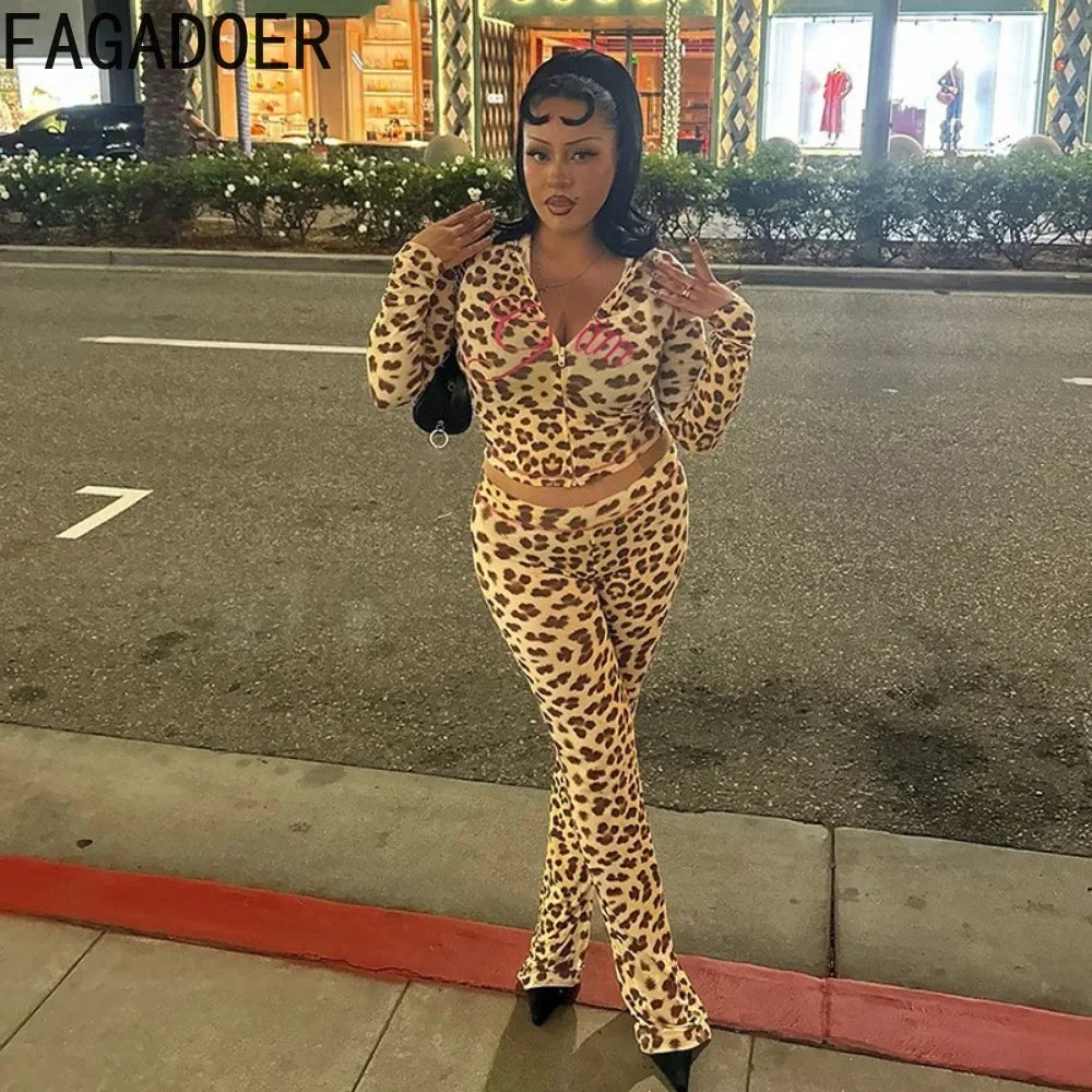 Sexy Leopard Print 2 Piece Sets Women Outfit Long Sleeve Zipper Hooded Crop Jacket + Flare Pants Suits Female Clothing