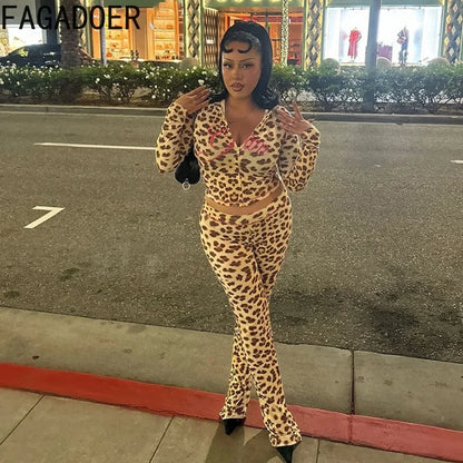 Sexy Leopard Print 2 Piece Sets Women Outfit Long Sleeve Zipper Hooded Crop Jacket + Flare Pants Suits Female Clothing