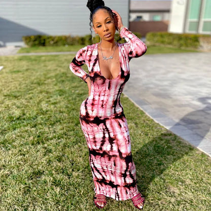 Dresses for Women Chest Wrap Printed off Shoulder Bandage Slim  Long Dress 