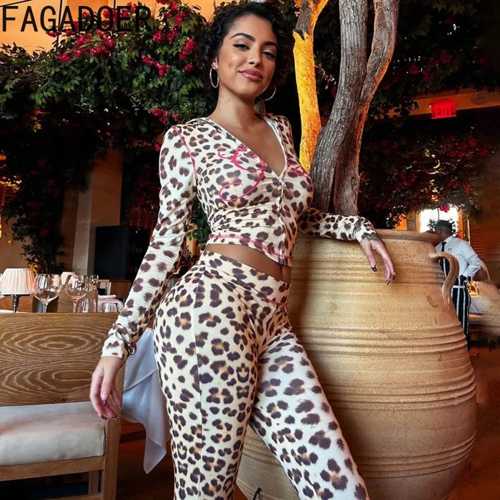 Sexy Leopard Print 2 Piece Sets Women Outfit Long Sleeve Zipper Hooded Crop Jacket + Flare Pants Suits Female Clothing