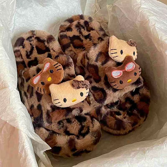 Y2K Hello Kitty Leopard Print Plush Slipper  Autumn and Winter Spicy Girl Thick Bottom Fashion Non-Slip Home Shoes