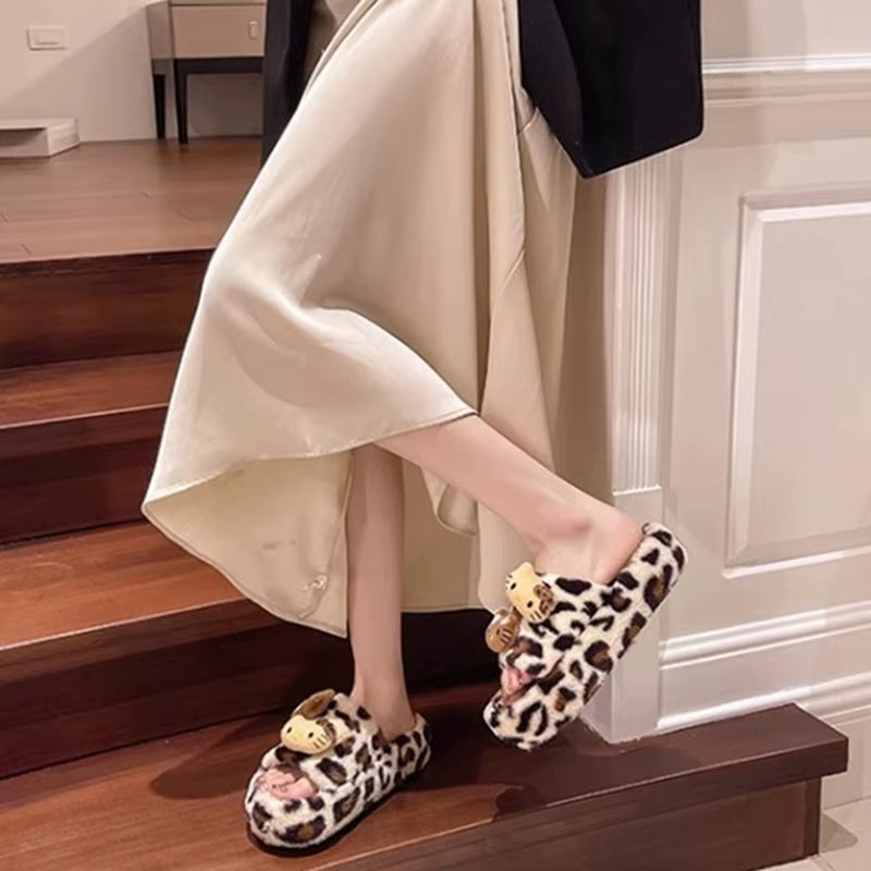 Y2K Hello Kitty Leopard Print Plush Slipper  Autumn and Winter Spicy Girl Thick Bottom Fashion Non-Slip Home Shoes