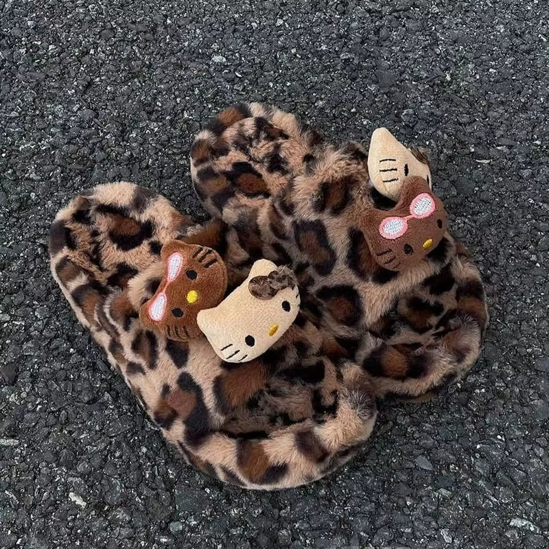 Y2K Hello Kitty Leopard Print Plush Slipper  Autumn and Winter Spicy Girl Thick Bottom Fashion Non-Slip Home Shoes