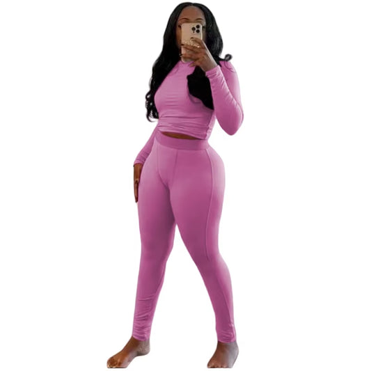 New Ribbing 2 Piece Sets Women Outfit Solid Long Sleeve Crop Top + High Waist Leggings Suits Sportswear