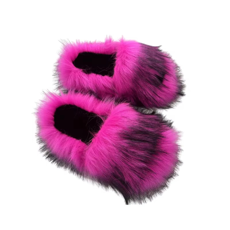 PVC Faux Raccoon Brown Teddy Fur Slides Colorful Fox Fur Slippers