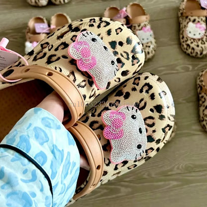 Hello Kitty Diamond Leopard Thick High Heel Sandals Women Summer Vented Clogs Outdoor Beach Slippers Female Garden Hole Shoes