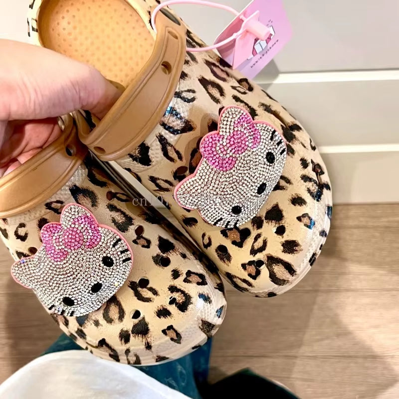 Hello Kitty Diamond Leopard Thick High Heel Sandals Women Summer Vented Clogs Outdoor Beach Slippers Female Garden Hole Shoes