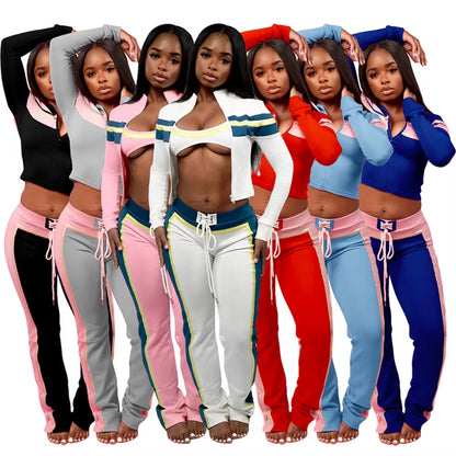 Trending 2025 Women Workout Jogging Suits Tube Top Jacket Pants Sets Ladies Streetwear Striped Tracksuit 3 Piece Gym Set Outfits