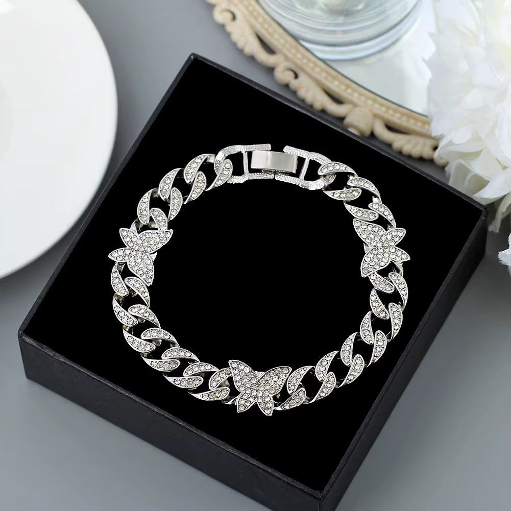 Punk Cuban Link Chain Rhinestone Anklet for Women Gold Silver Color Butterfly Crystal Anklet Bracelet on Leg Foot Jewelry