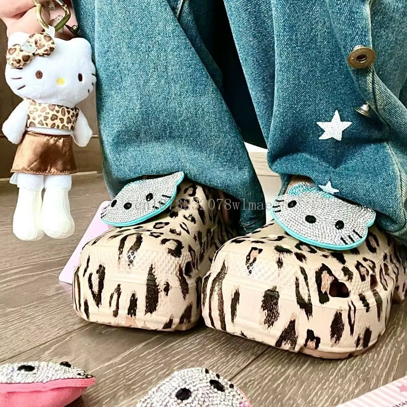Hello Kitty Diamond Leopard Thick High Heel Sandals Women Summer Vented Clogs Outdoor Beach Slippers Female Garden Hole Shoes