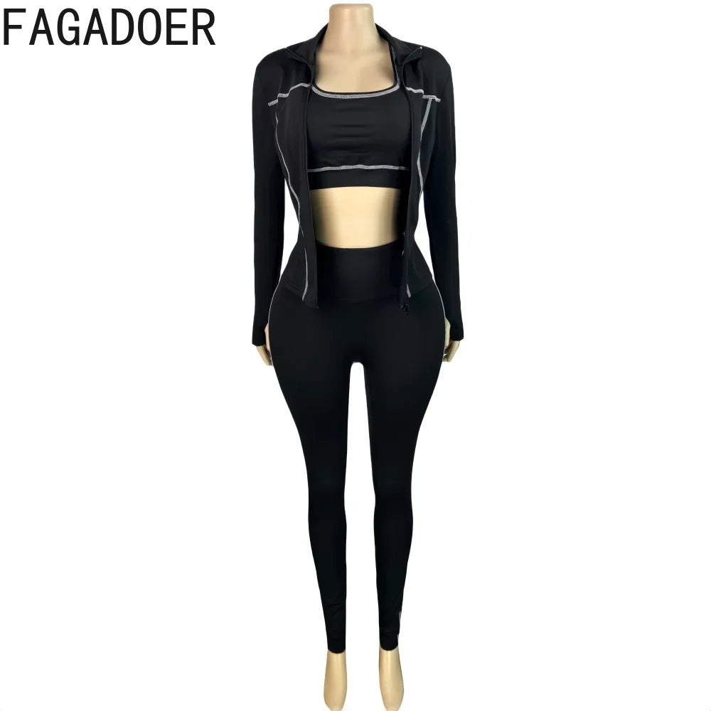 Autumn New Fashion Sports 3 Piece Sets Woman Outfit Stripe Patchwork Long Sleeve Zipper Tops + Pants Female Streetwear