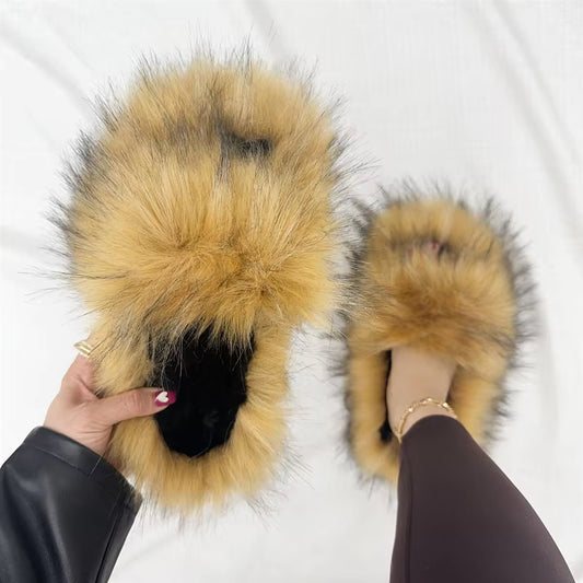 PVC Faux Raccoon Brown Teddy Fur Slides Colorful Fox Fur Slippers