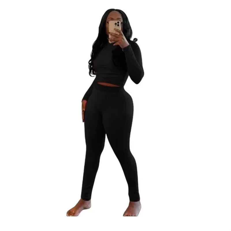 New Ribbing 2 Piece Sets Women Outfit Solid Long Sleeve Crop Top + High Waist Leggings Suits Sportswear