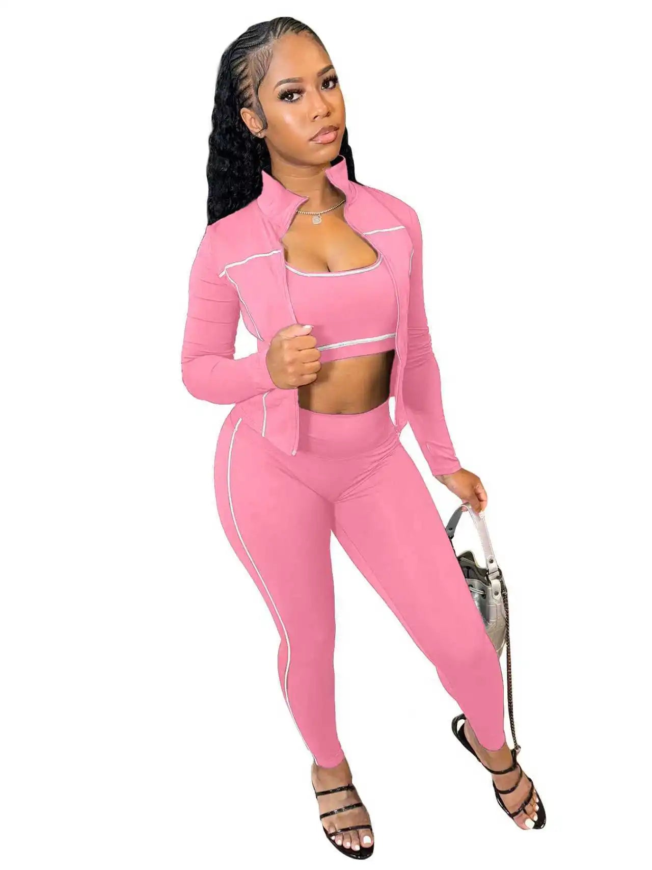 Autumn New Fashion Sports 3 Piece Sets Woman Outfit Stripe Patchwork Long Sleeve Zipper Tops + Pants Female Streetwear