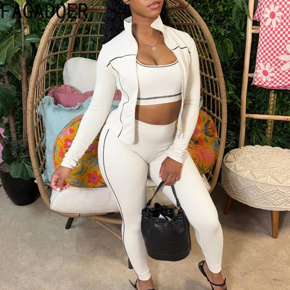 Autumn New Fashion Sports 3 Piece Sets Woman Outfit Stripe Patchwork Long Sleeve Zipper Tops + Pants Female Streetwear