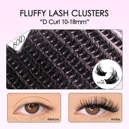 Lash Clusters Kit 80D Fluffy Lash Clusters Kit 10-18Mm Volume Eyelash Clusters D Curl Cluster Eyelash Extensions 3D Wispy Lashes Clusters DIY Lash Extension Kit(80D-10-18Mix Thick Kit)