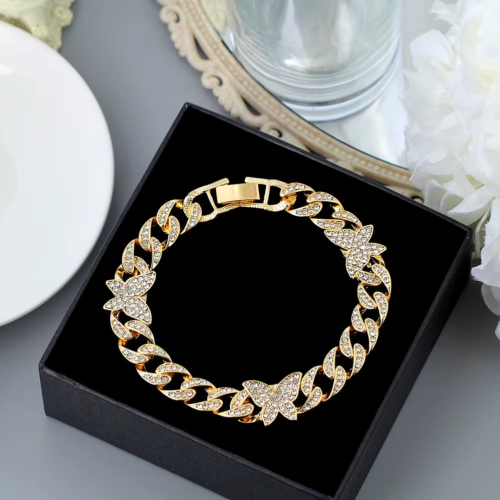 Punk Cuban Link Chain Rhinestone Anklet for Women Gold Silver Color Butterfly Crystal Anklet Bracelet on Leg Foot Jewelry