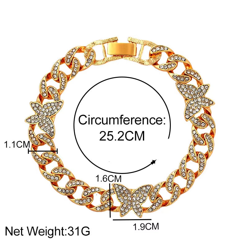 Punk Cuban Link Chain Rhinestone Anklet for Women Gold Silver Color Butterfly Crystal Anklet Bracelet on Leg Foot Jewelry