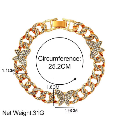 Punk Cuban Link Chain Rhinestone Anklet for Women Gold Silver Color Butterfly Crystal Anklet Bracelet on Leg Foot Jewelry