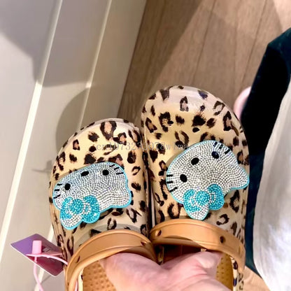 Hello Kitty Diamond Leopard Thick High Heel Sandals Women Summer Vented Clogs Outdoor Beach Slippers Female Garden Hole Shoes