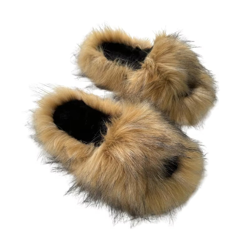PVC Faux Raccoon Brown Teddy Fur Slides Colorful Fox Fur Slippers